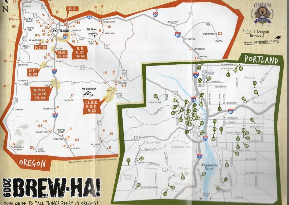 kaart van brouwerijen in Portland, Oregon 
