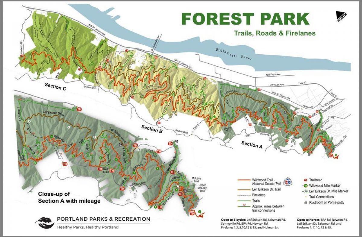 kaart van Forest Park in Portland-Oregon